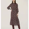 Herfst rode bloemen ruches jurken voor vrouwen vintage kantoor midi jurk vrouw lange mouw knop omhoog elegante dames 210430