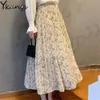 Summer Chiffon Floral Print veckad kjol Kvinnor Elegant mjuk hög midja damer Lång kjol All-Match Clean Girls Midi Bottoms 210619