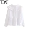 Femmes Sweet Fashion avec Peter Pan Collier volé Blouses Vintage Bouton à manches longues à manches longues Chemises féminines Chic Tops 210507