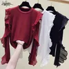 Ruches stiksel lange mouwen t-shirt mode slim fit dames blouse off-shoulder tops katoen solide trui shirts 11285 210508