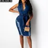 Bodycon klänning kvinnor ärmlös hög midja nedbrytning krage knapp desigh jean sommar elegant casual party plus storlek 210515