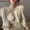 Koreanische Chic V-ausschnitt Druck Kordelzug Kleid Frauen Hohe Taille Hüfte Falte Eine Linie Chiffon Ropa Elegante Puff Langarm vestido 210422