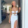 Women Summer Sexy Hollow Out Strapless Slit Long Dresses Fashion Slim Beach Vacation Party Club Solid White Dress Female Vestido 210625