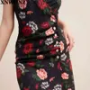 Noir Rose Imprimé Dos Nu Robe D'été Bretelle Vintage Plage Vacances Col V Sexy Bouton Midi Fête chic 210520