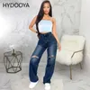 Kadın Kot Yüksek Bel Kadınlar Streç 2021 Moda Düz Bacak Pantolon Y2K Denim Pantolon Bağbozumu Yırtık Mavi Yıkanmış Anne
