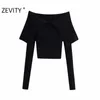 Zevity女性のセクシーなスラッシュネックソリッドカラースリムな編み物セーターフェムムシックなベーシックロングスリーブカジュアルプルオーバーブランドTOPS S477 210914