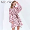 TWOTWINSTYLE Print Hit Color Mini Dress For Women Stand Collar Lantern Sleeve High Waist Lace Up Plaid Dresses Female Fashion 210517