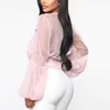 Colysmo Pink Blouse Women Summer Vintage Stand Collar Long Sleeve Sheer Mesh Polka Dot Tops Elegant Office Ladies Clothing 210527