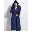 Womens inverno para baixo casaco impermeável longo espessura tamanho grande chapéu preto escuro azul fêmea jaquetas 211120