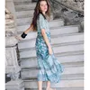 Blue Floral Chic Maxi Drowomen 2020 Retro korte mouw V-hals sexy jurken zomer kleding boho hippie beach party lange jurk x0621