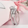 Wedding Rings Shiny 2pcs set White Stone Zircon Engagement Ring Set For Women Silver Color Vintage Bridal Jewelry Gift B4N9672807