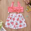 Summer Children Sets Casual Strap Pink Solid Bow Tops Print Watermelon Shorts 2Pcs Girls Clothes 6M-5T 210629