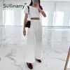 Sollinarry Casual Crop Top Elastic Waistband Folds Long Pants High Street Solid White Two Pieces Women Set Summer Office Suit Women's Piece