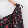 Sexy Contrast Color Floral Print Dress Puff Long sleeve Mini Short Women Bow Tie Strap Ruched Lacing Up Party es 210429