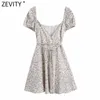 Zevity Women Fashion V Neck Floral Print Soft Satin Mini Sukienka Chic żeński Rękaw Puff Slim Vestidos Lace Up Party Dress DS8289 210603