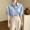 Mulheres curtas camisa de verão de verão moda branco blusa azul escritório moderno senhora slim camisas 210515