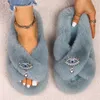 Fluffy Flip Flops Kvinnor Bling Crystal Eye Faux Fur Slides Indoor Slippers Fashion Ladies Luxury Rhinestone Sandaler Furry Shoes Y1120