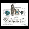 Bohemian Knuckle 9 Pcs Set Antique Silver Alloy Turquoise Arrow For Girlsladies I9Rb5 Band Rings Ixs9S