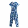 Za Flowers Print Blue Jumpsuit Women Vintage Short Sleeve V Neck Office Lady Romper Chic Button Up Pleated Woman Jumpsuits 210602