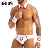 Mens Lingerie Docteur Infirmière Sexy Cosplay Rôle Play Costumes Outfit Set Fancy ClubWear Jockstraps Slips avec collier et manchette 210616