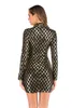 セクシーなブラックゴールドの格子縞のスパンコールのドレスの女性春秋の長袖パーティーボディコンドレスエレガントなクラブビンテージドレスvestidos hot 210325