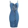 Hollow Out Denim Dress Women Knotted High Waist Cropped Bodycon Summer Buttons Sexy Spaghetti Strap Party Casual Dresses