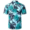 Męskie wakacje Krótki krótki rękaw Aloha Hawaiian Koszula Krótki Rękaw Palma Drukowane Tropikalne Aloha Blue Shirts Camisa Hawaiana 210522