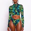 Sexig Långärmad Kvinnors Baddräkt Zipper Afrikansk Baddräkt Baklösa Baddräkt Hög midja Bikini Set Brazilian Beachwear 210621