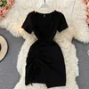 Sommar V-Neck Drawstring Ruched Mini Dress Women Fashion Short-Sleeved Slim High Waist Oregular Party Vestidos 210603