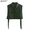 Zevity Women Vintage Turn Down Collar Ärmlös Kort Vest Jacket Ladies Side Bow Bundet Casual Fickor Chic Waistcoat Tops CT678 210603