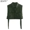 Zevity Mujeres Vintage Turn Down Collar Sin mangas Chaleco Corto Chaqueta Damas Lado Lado Atado Bolsillos Casuales Chic Chaleco Tops CT678 210603