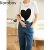 コロバフの女性oネック半袖Tシャツ韓国の愛のパターンプリントの女性Tシャツ夏の新しい甘いシックなティートップス210430