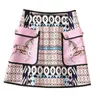 2022 봄 여름 높은 허리 우아한 핑크 말 인쇄 파란색 포켓 무릎 길이 A 라인 패션 스커트 21O301020