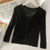 Retro Thin Single-breasted Long-sleeved Sweater Women's Spring and Summer V-neck Joker Solid Color T-shirt Top Tide 210507