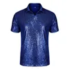 メンズリラックスした半袖照明輝きスパンコールポロシャツ70SディスコナイトクラブパーティーTシャツトップティーカマイセタスホムブレ2XL 210522