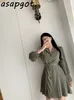 Chic Korean Retro Notched Single-breasted Pleated Dress Women Slim Waist Patchwork Bandage Suit Solid Casual Elegant Fall 210429