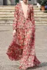 캐주얼 드레스 여성을위한 섹시한 깊은 v-목 긴 소매 쉬폰 2021 봄 가을 빈티지 핑크 꽃 프린트 맥시 드레스 여성