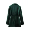 Femmes élégantes vert foncé velours Blazers mode dames ceintures croix manteaux Streetwear femme Chic poche vestes 210527