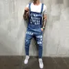 ファッションメンズリッピングジーンズジャンプスーツアンクルの長さの文字印刷男性のためのデニムビブオーバーオール