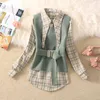 Vintage Femmes Plaid Imprimer Chemise Blouse Sans Manches Pull En Tricot Gilet Deux Pièces Ensembles Printemps Automne Vêtements 210510