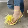 Sandaler 2022 Vår sommar godis färg fjäder rund tå utanför skor ankelband tunn högklack