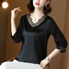 Koreanische Seide Frauen Blusen Satin V-ausschnitt Shirt Frau Top Plus Größe Spitze Camisas Mujer 210427
