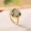 Baifuming S925 Sterling Silver Guldpläterad Cloisonne Hetian Jade Pearl Ring Vintage Court Flower Ladies Ring