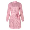 女性のピンクの服のおすすめクラシックなドットプリント長袖エレガントな作品着用フランスのカジュアルなドレス卸売210525