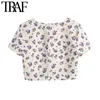 Women Sweet Fashion Floral Print Cropped Linen Blouses Vintage Square Collar Short Sleeve Female Shirts Chic Tops 210507