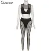 Cutenew Sexy Net Yarn See Through Two Piece Set Women Outfits SleevelBra Top+Skinny Pants Suit Solid Midnight Party Clubwear X0709