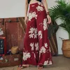 Czeski Floral Print Szerokie spodnie nóg Kobiety Long Casual Pant Summer Boho Plaża Wakacje Elastyczna Wysoka Talia Szyfonowe Spodnie 210608