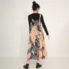 [EAM] Women Yellow Pattern Printed Midi Big Size Strap Dress Sleeveless Loose Fit Fashion Spring Autumn 1DD536107 210512