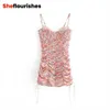 夏のピンクの巾着ミニドレス女性のファッション花のシルクカミスラップドレス弓ビーチスタイルヴェスティドフェミニーノカジュアル