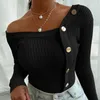 Sexy Patchwork Dzianiny Slim Skew-Collar Button Z Długim Rękawem Kobiet Sweter 2021 Jesień Moda Lady Sweter